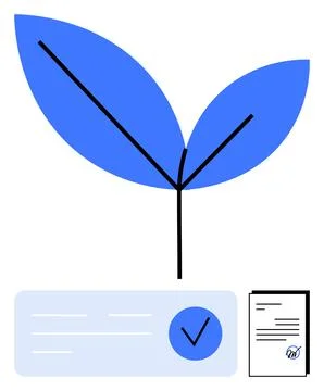 Blue Leaf Plant with Documents Symbolizing Growth, Approval, and Environmen.. Stock Illustration