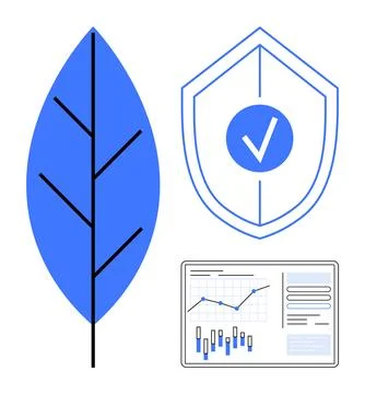 Blue leaf, shield with a checkmark, and graph with data points and bar chart  Stock Illustration