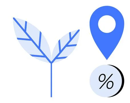 Blue leaf with white veins, blue location pin, and percentage symbol. Ideal f Illustrazione stock