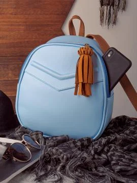 Blue leather backpack Stock Photos