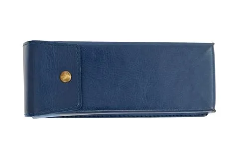 Blue leather glasses case with snap button closure. Protective accessory fo.. Stock Photos