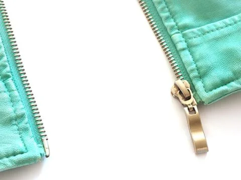 Blue leather jacket with a fully opened zipper isolate on a white background. Stock Photos