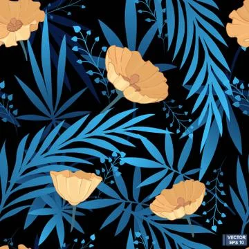 Blue leaves, black seamless pattern. Иллюстрация