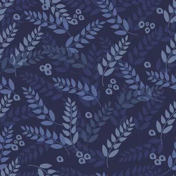 Blue leaves seamless pattern on dark background Stock Illustration