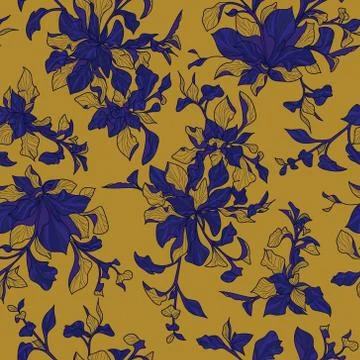 Blue leaves seamless repeating pattern with yellow background Stock Illustration