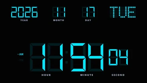 Blue led digital clock calendar showing rapid time progression. 4K Stock Footage 346686657
