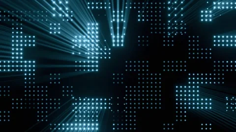 Blue LED Grid Abstract Tech Background with Glowing Volumetric Light Rays. 4K Stock Footage 335459940