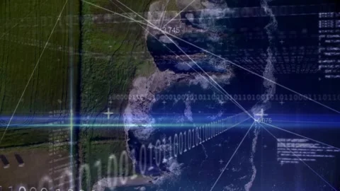 Blue lens flare activating vertical beam, HUD binary and lines linking coastline Stock Footage 328685785