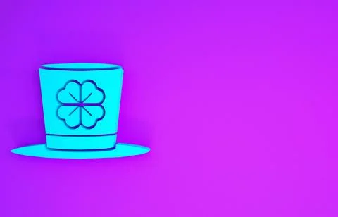 Blue Leprechaun hat and four leaf clover icon isolated on purple background.  Stock Illustration