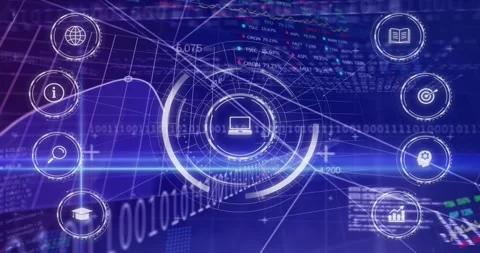 Blue light beam sweeping rotating ring building around laptop rising percentages Stock Footage 317118620