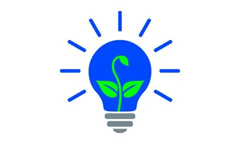 Blue light bulb, flat icon. Electric lamp with rays and green sprout growing Stock Illustration