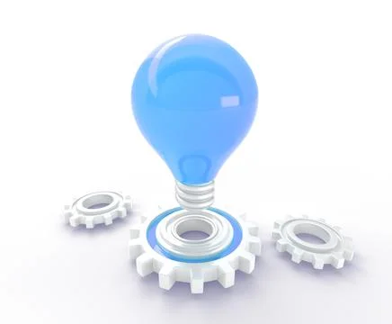 Blue light bulb on gear or cogwheel mechanism 3D render. Innovative idea Stock Illustration