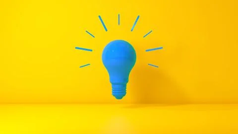 Blue Light Bulb Idea on a Yellow Studio Background. Business concept. 3D render. Stock Illustration