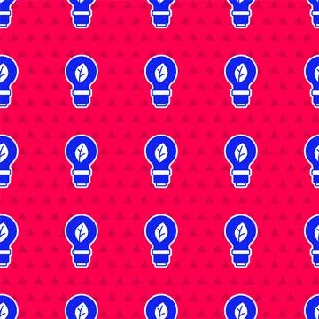 Blue Light bulb with leaf icon isolated seamless pattern on red background... Stock Illustration