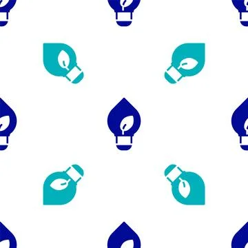 Blue Light bulb with leaf icon isolated seamless pattern on white backgroun.. Stock Illustration