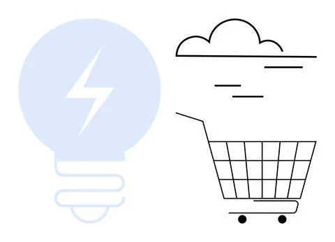Blue light bulb with a lightning bolt and a black shopping cart under a cloud Illustrazione stock