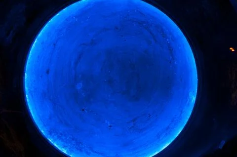 Blue light circle on ceiling of underground salt cathedral Zipaquira Stock Photos