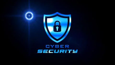 Blue Light Cyber Security Shield Lock Symbol Glossy Metal Texture Light Flare  Stock Illustration