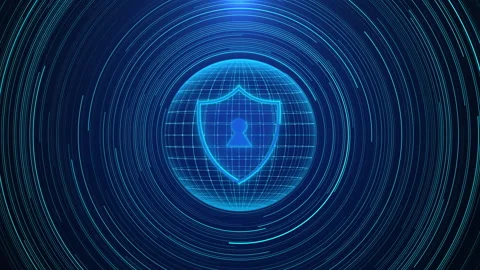 Blue light flare rotating globe cyber security shield protection Stock Footage 347047889