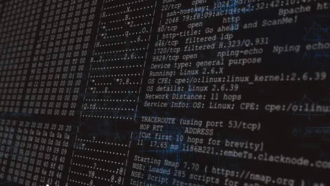 Blue light flare shifting rightward as Nmap scanning listing ports running Stockbeeldmateriaal 314174305