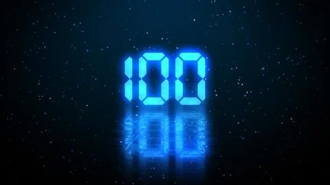 Blue Light Number 100 Digital Digits Display With Floor Reflection And Glitter  Stock Illustration