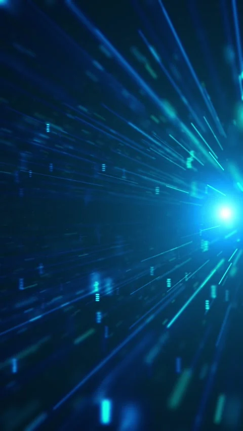 Blue light speed data bright flare, fast streaks, glowing particles, and deep di Stockbeeldmateriaal 340528267