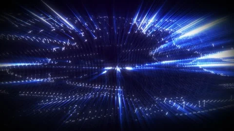 Blue light streaks rush through a digital tunnel, forming a futuristic Stock Footage 328238329