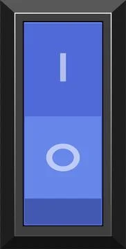 Blue light switch with symbols indicating on and off states in a dark gray .. Ilustração Stock