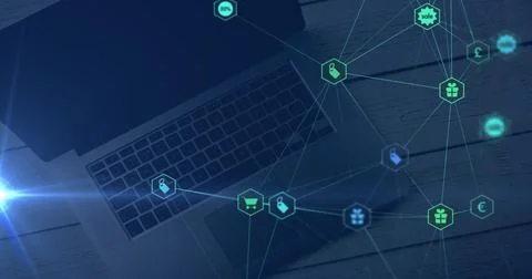Blue light trail and network of digital icons against laptop on wooden table Stock Illustration