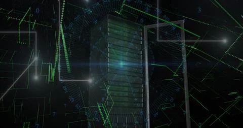 Blue light trails and data processing over computer server against black Stock Photos