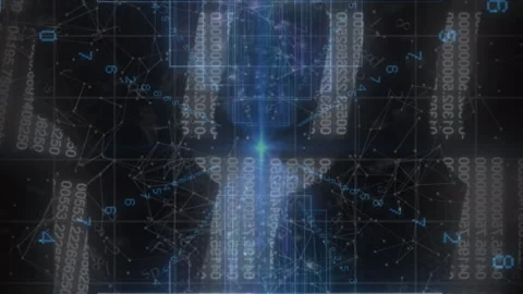 Blue light trails, data processing and security chain icon against black Stock Footage 312641724