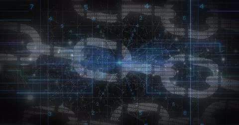 Blue light trails, data processing and security chain icon against black Foto stock