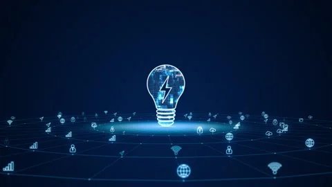 Blue lightbulb LOGO with line connection and data transfer to futuristic icon Stock Footage 248846098