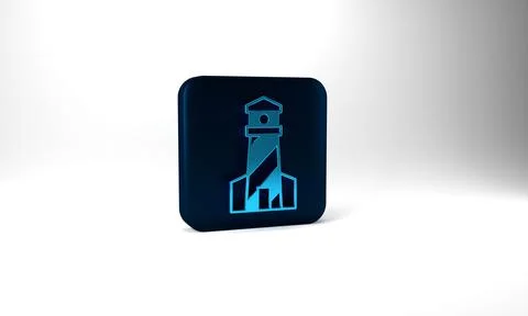 Blue Lighthouse icon isolated on grey background. Blue square button. 3d Stock Illustration