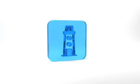 Blue Lighthouse icon isolated on grey background. Glass square button. 3d Stock Illustration