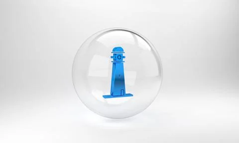 Blue Lighthouse icon isolated on grey background. Glass circle button. 3D ren Stock Illustration
