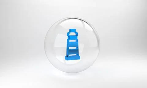 Blue Lighthouse icon isolated on grey background. Glass circle button. 3D ren Stock Illustration