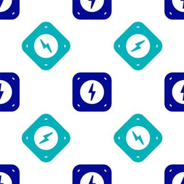 Blue Lightning bolt icon isolated seamless pattern on white background. Flash Illustrazione stock