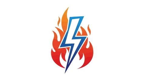 Blue lightning bolt in red and orange flames Stock Illustration