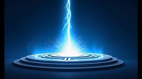 Blue lightning strikes a platform in a dark environment Stock Footage 318948590