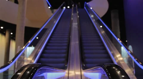 Blue Lights Birmingham Library Escalators - Soft Focus Shallow Symmetrical Shot Stock-Footage 44525059