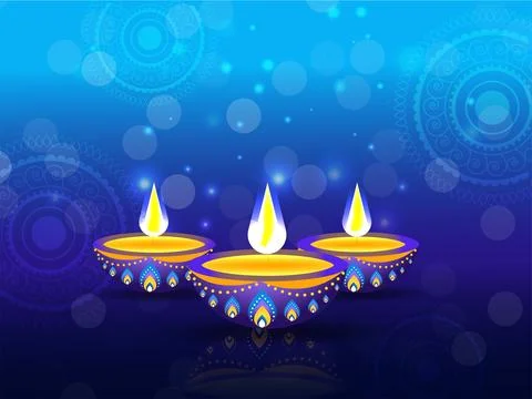 Blue Lights Effect Mandala Pattern Background with Illuminated Oil Lamps (D.. Illustrazione stock