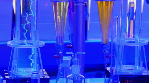 Blue lights on the laboratory with testtubes Stock Footage 57123641