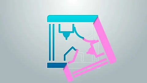 Blue line 3D printer icon isolated on grey background. 4K Video motion graphic Stock Footage 145377658