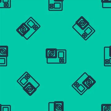 Blue line Action extreme camera icon isolated seamless pattern on green イラスト素材