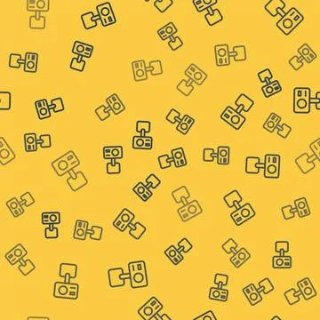 Blue line Action extreme camera icon isolated seamless pattern on yellow Illustrazione stock