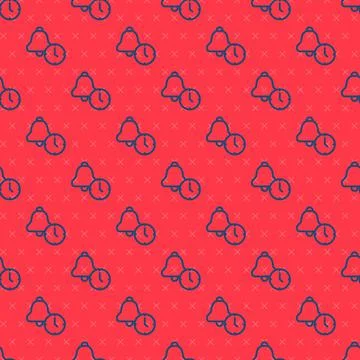 Blue line Alarm clock icon isolated seamless pattern on red background. Wake up Stock Illustration