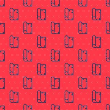 Blue line Ancient papyrus scroll icon isolated seamless pattern on red Stock Illustration
