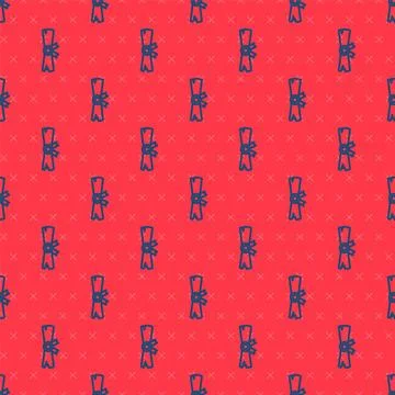 Blue line Ancient papyrus scroll icon isolated seamless pattern on red back.. Stock Illustration