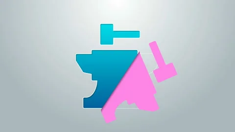 Blue line Anvil for blacksmithing and hammer icon isolated on grey background Stock Footage 145236361